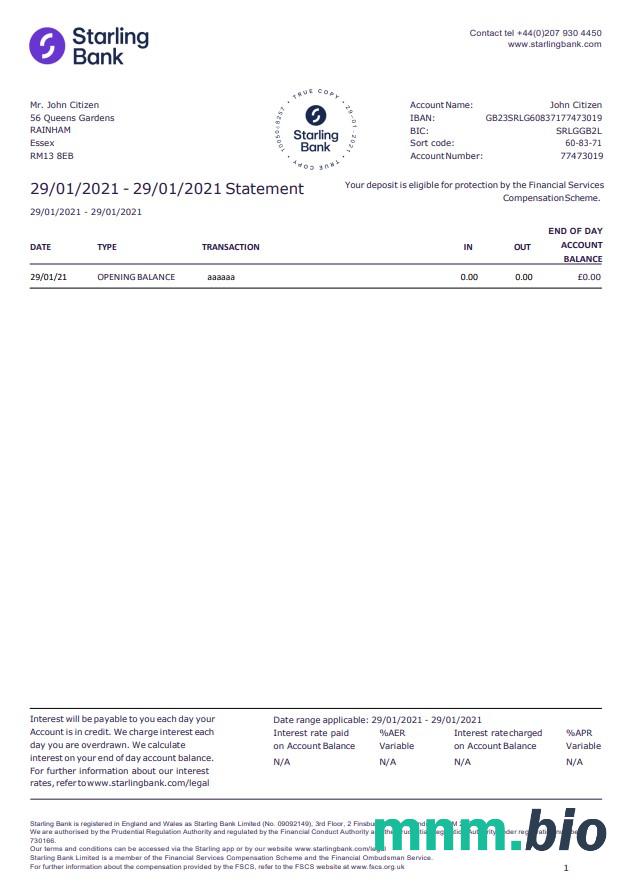 Wielka Brytania Starling szablon wyciągu bankowego w .xls i .format pliku pdf, dobry na adres